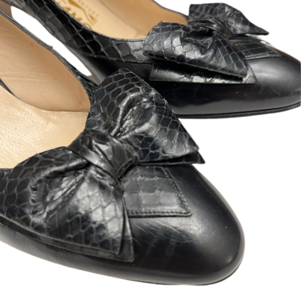 Saks X Ferragamo 3” Slingback Heels - Black Leather & Snakeskin - 7 AAA